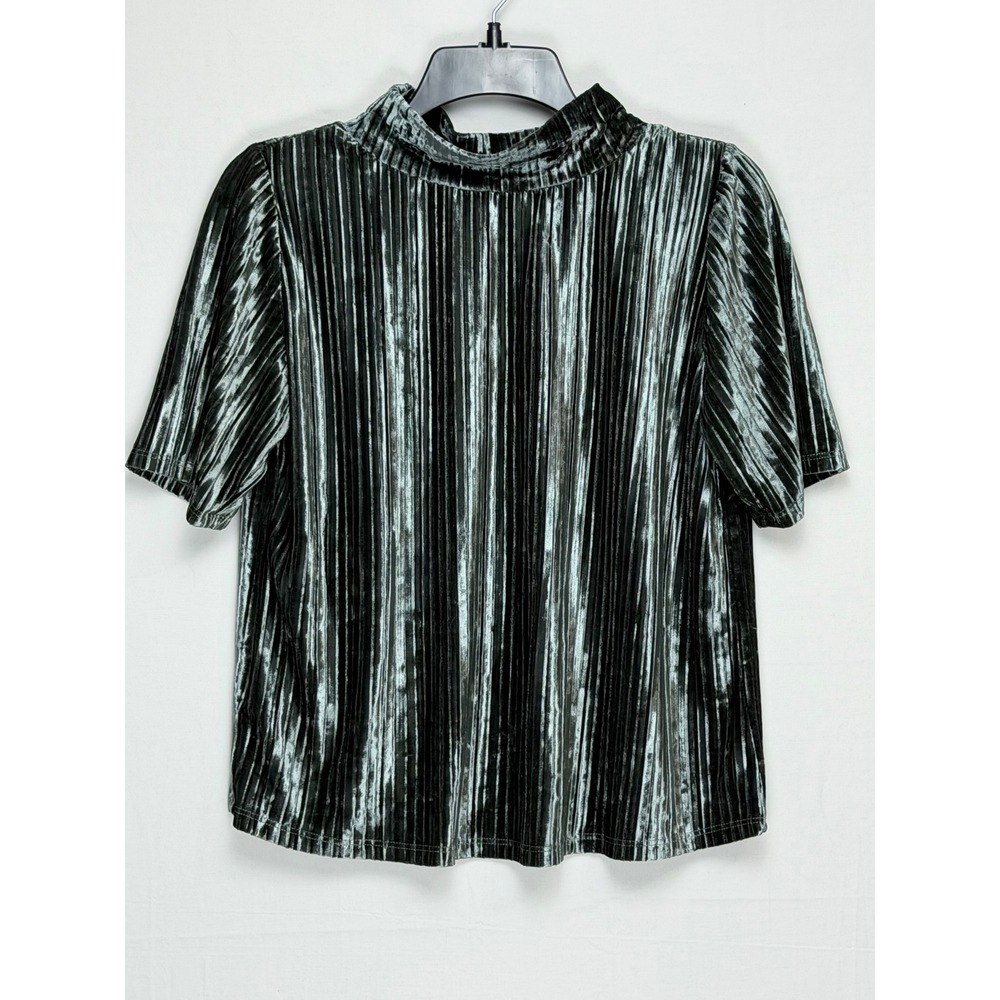 LOFT Womens Top S Green Pleated Velvet Mock Neck Short Sleeve Stretch Blouse